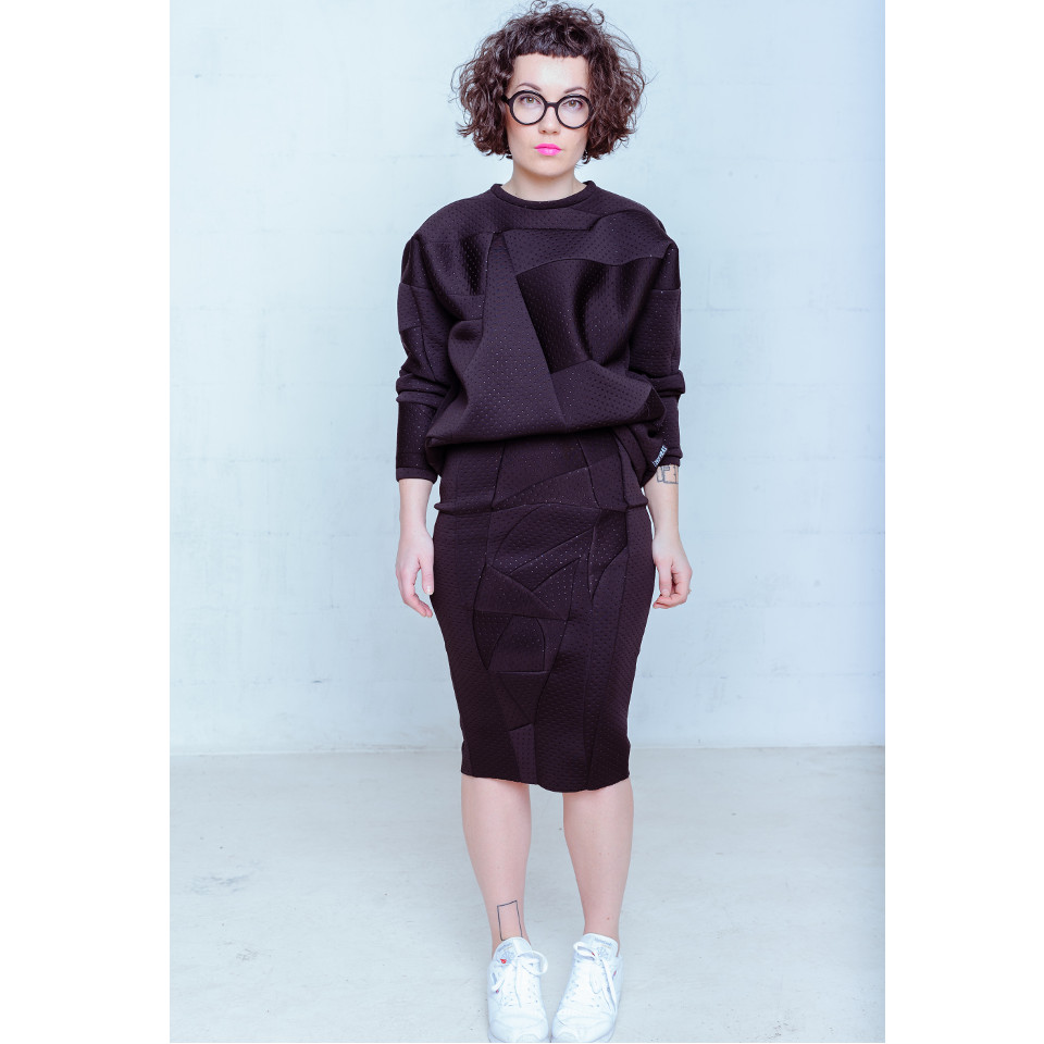 black, neoprene suit, pencil skirt
