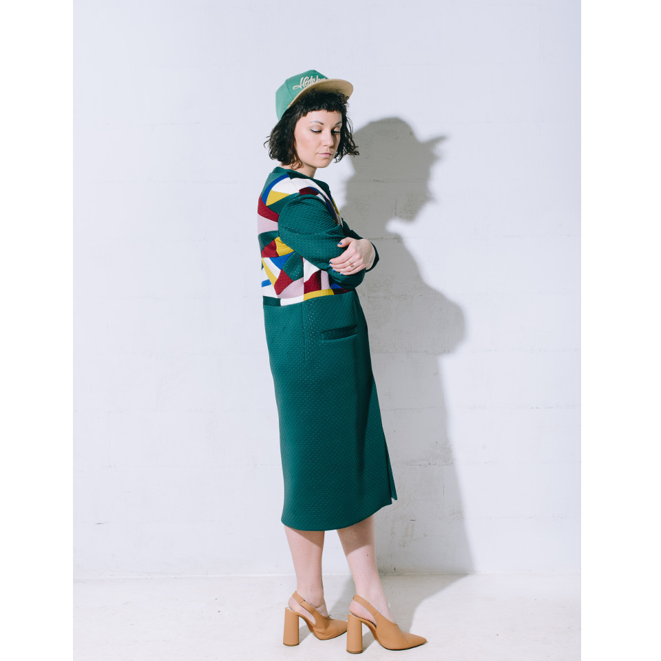 double-sided coat, emerald green coat, neoprene jacket
