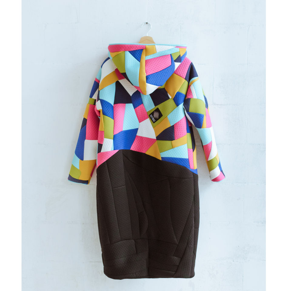 sustainable wear, one of a kind coat, hooded coat, reversible coat, neoprene scraps, neoprene coat