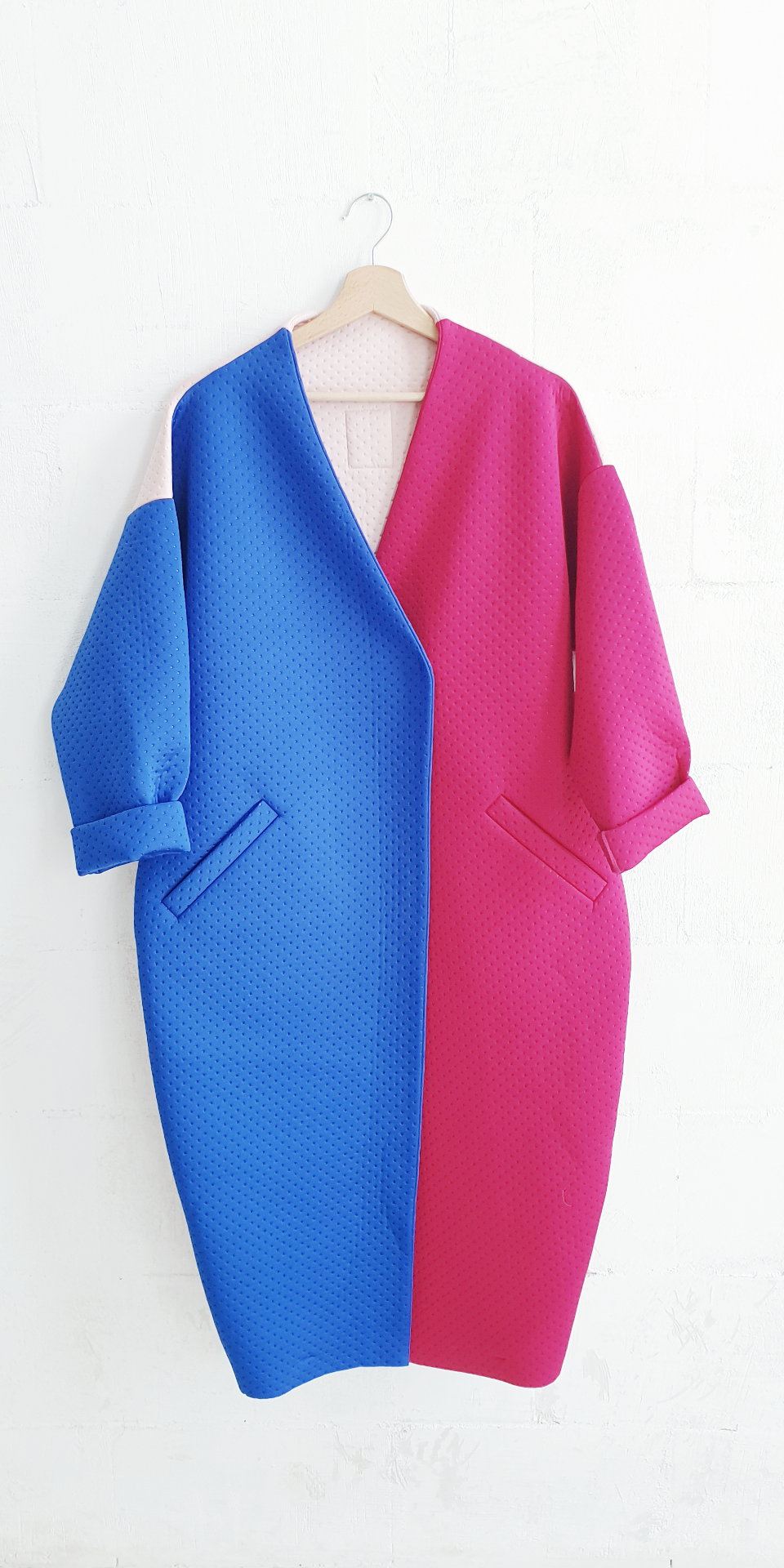 two color coat, belted coat, neoprene coat