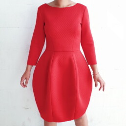 red dress, cocktail dress, tulip shaped dress