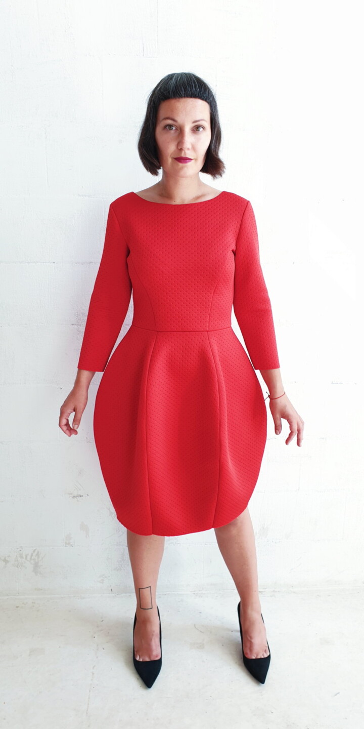 red dress, cocktail dress, tulip shaped dress