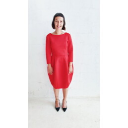 red tulip dress, bell shaped dress, red midi dress